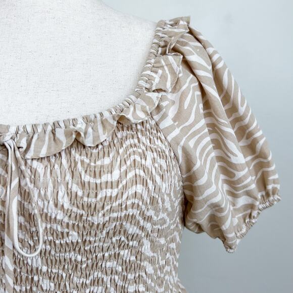 Arula Smocked Puff Sleeve Square Neck Tan Mini Dress - Picture 4 of 9